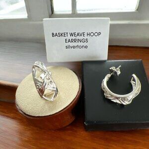 Avon 3/4" Silvertone Basket Weave Hoop Earrings-New In Box